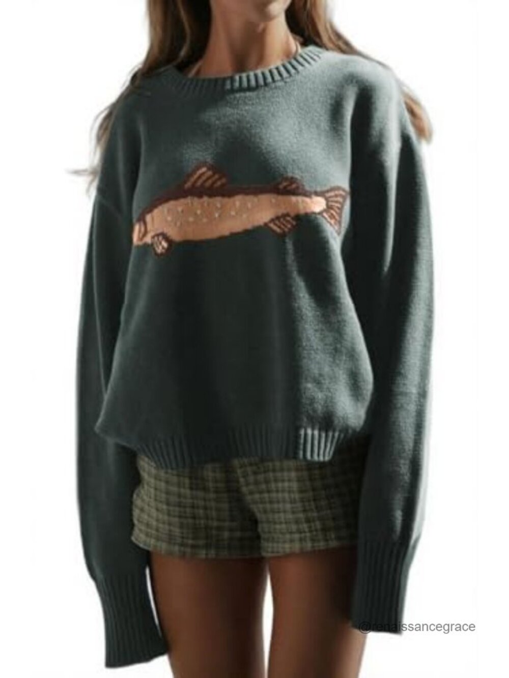 Womens Oversized Rib Knit Pullover Sweater Carp Graphic Y2K Jumper